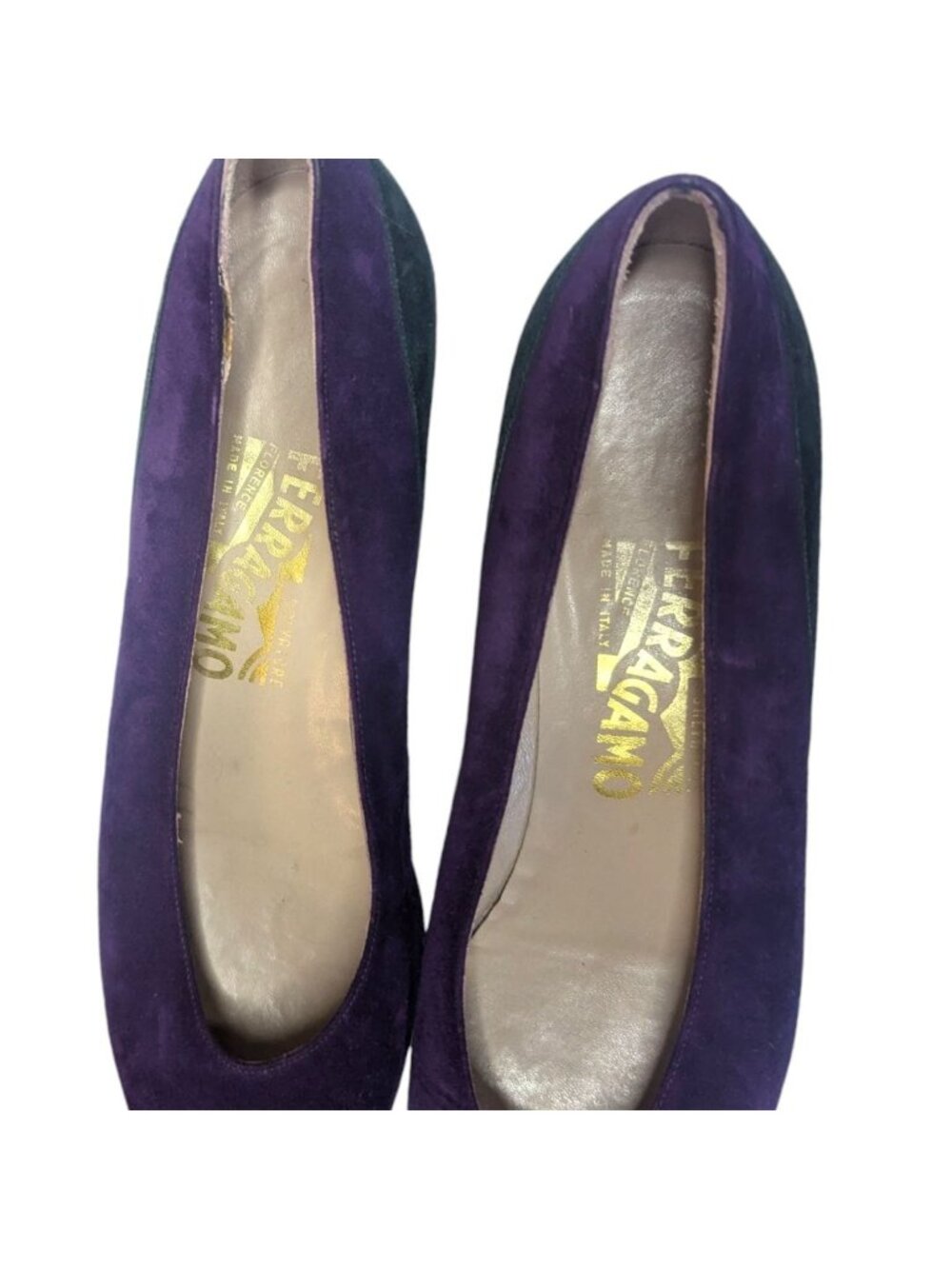 VTG Salvatore Ferragamo Purple Green Kitten Wedge Pointed Toe 9AA - Picture 3 of 7